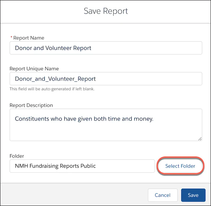 Select the folder where you want to save the report.