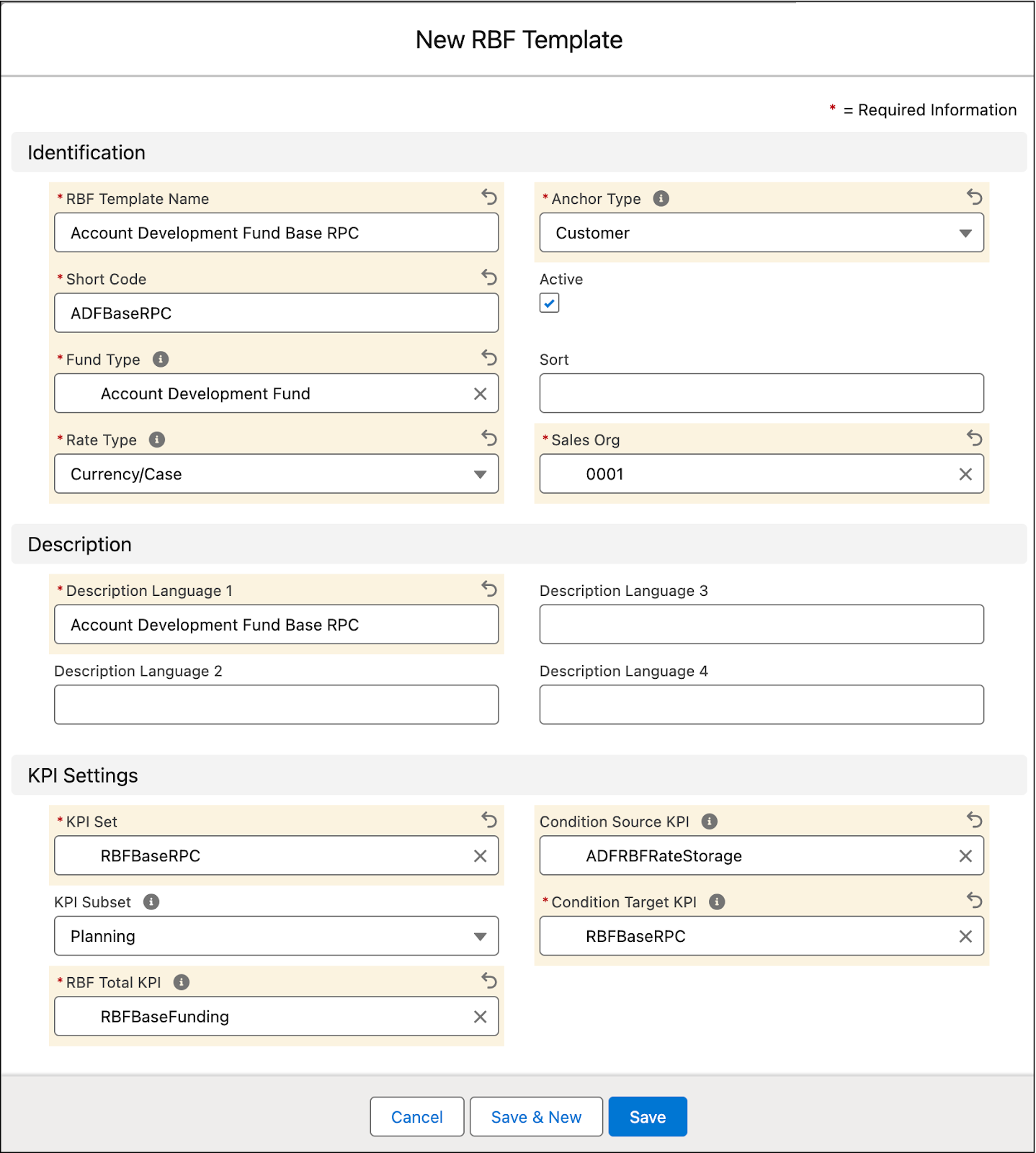 The New RBF Template window showing the options to create a rate-based funding template.