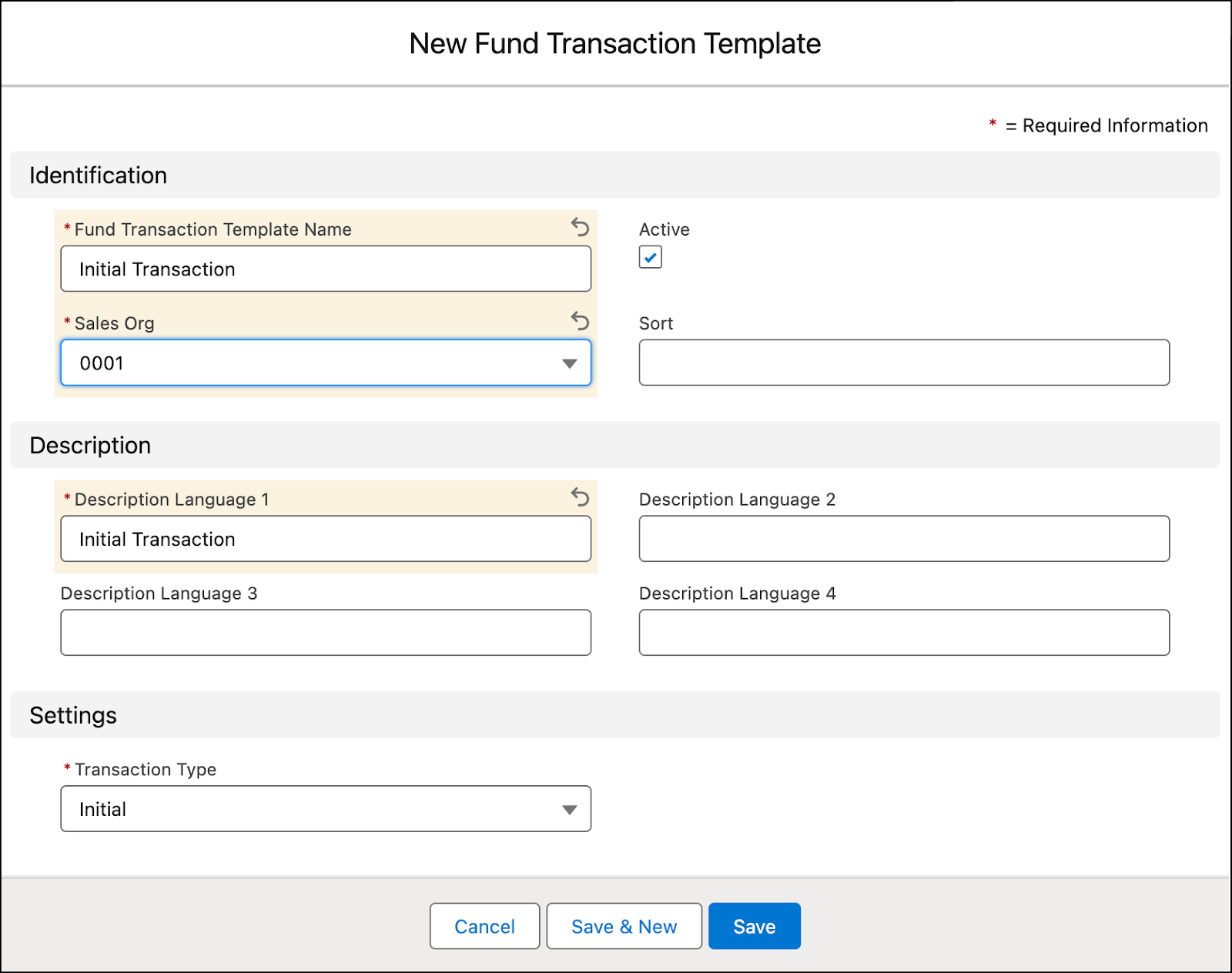 The New Fund Transaction Template window showing the options to create a fund transaction template.