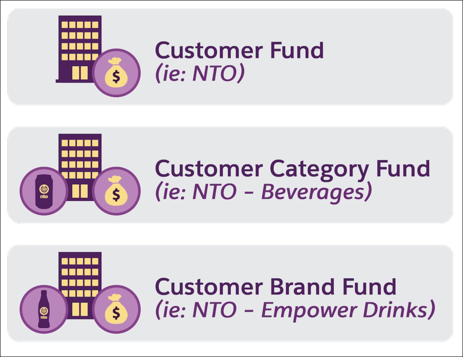 Fund types for NTO, such as Customer Fund, Customer Category Fund, and Customer Brand Fund.