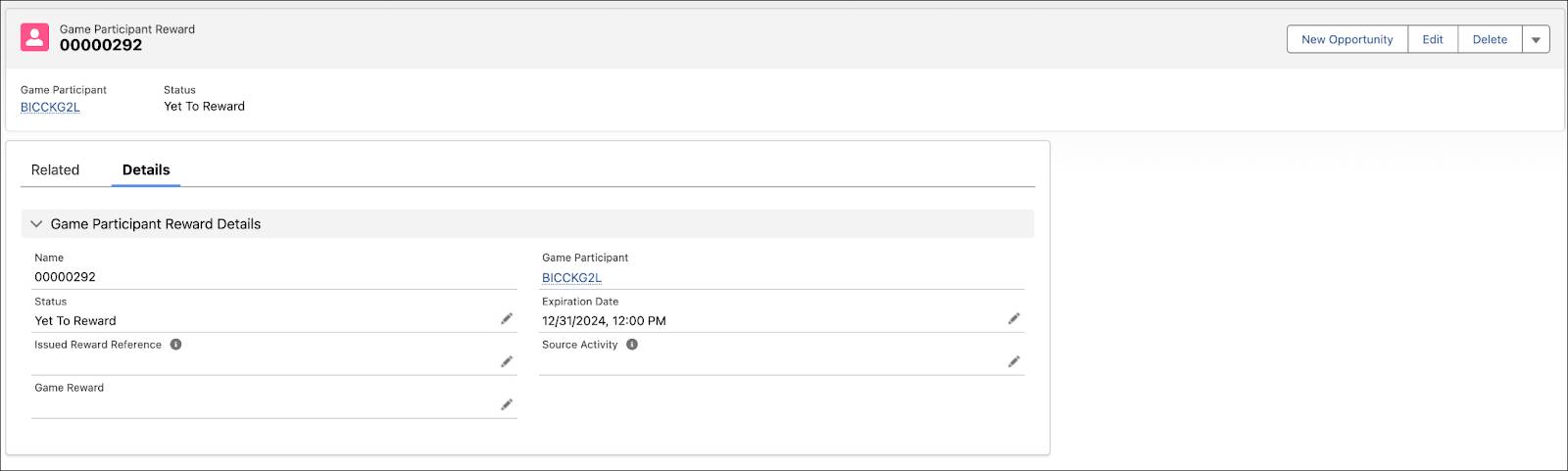 A Game Participant Reward record in the Yet To Reward status with participant details.