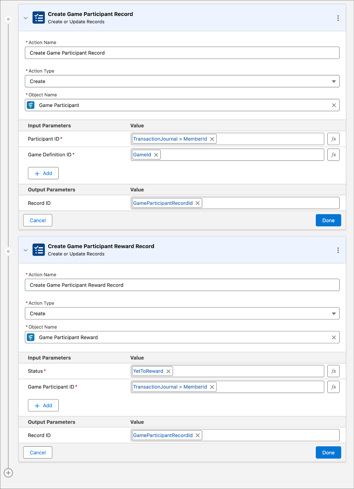 The two Create or Update Record actions for the game assignment.