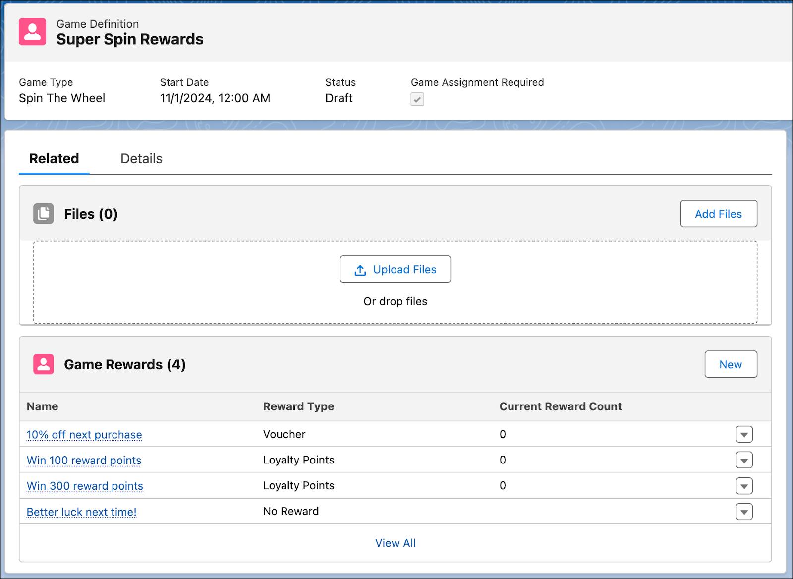The Related tab of the Super Spin Rewards game definition record.