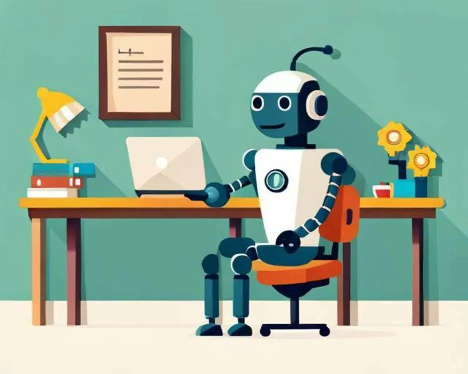 A happy robot sitting on a chair at a desk. On the desk is a laptop computer. Drawn in the style of 2D vector artwork.