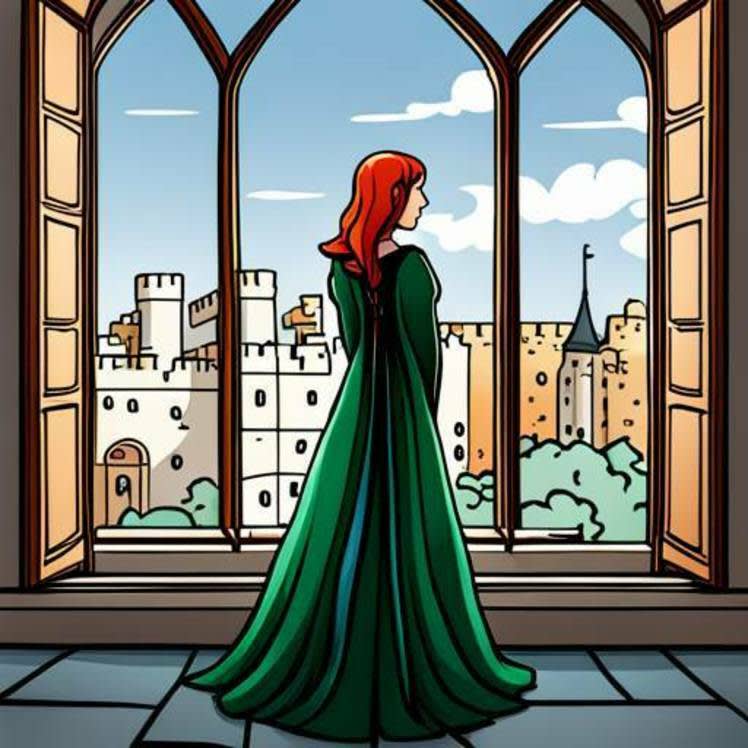 古城の窓辺に立つジュリエットの 2D 線画による描写。