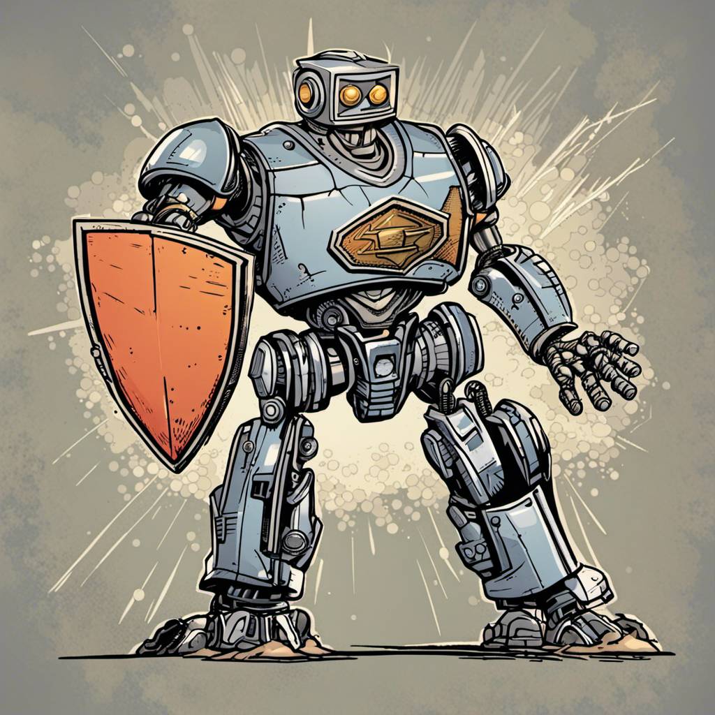 A robot holds a shield in one hand, drawn in the style of a comic book.