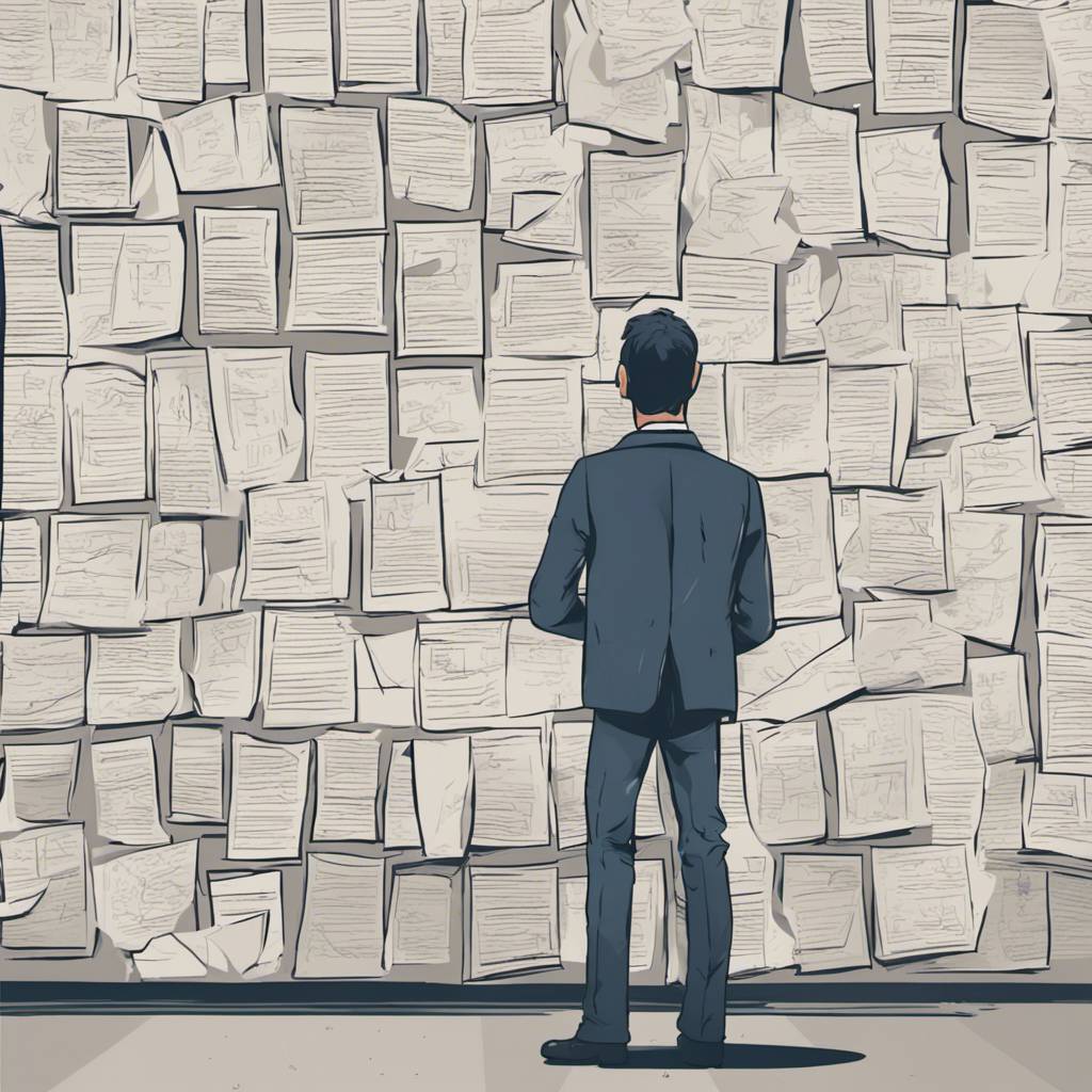 A person in business casual looking at a wall covered in papers that have writing on them. Drawn in the style of second vector art.