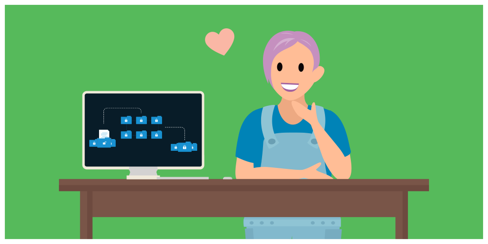 デジタルファイルシステムが表示されているコンピューターが置かれ、片付いているデスクとリラックスして生産性の高い従業員。