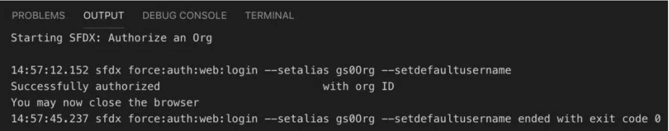 Terminal message that reads, “sfdx force:auth:web:login --alias gs0Org --setdefaultusername Successfully authorized [USERNAME