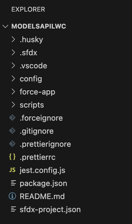 Proyecto ModelsAPILWC en VS Code con subcarpetas que incluyen .husky y .sfdx