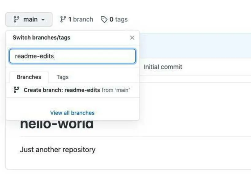 Branch dropdown selected and readme-edits entered into the Switch branches/tags field