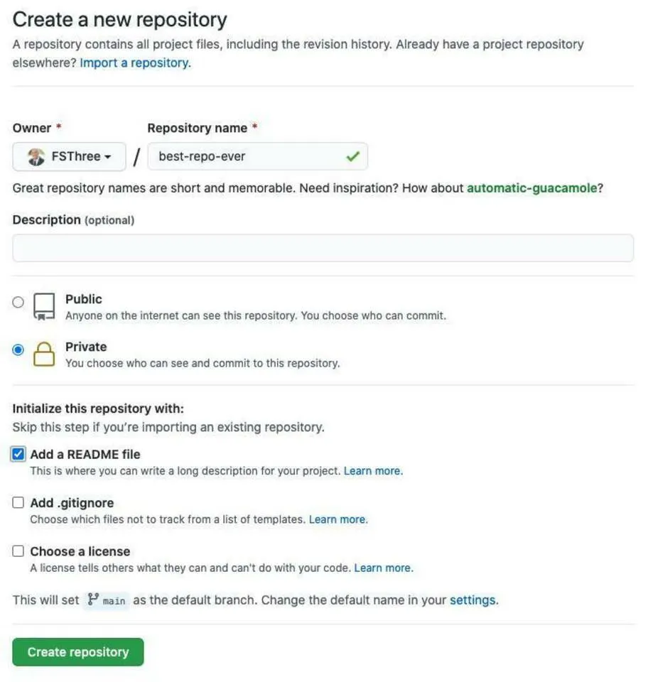 Create a new repository screen with Repository name and initialization is set up as described above