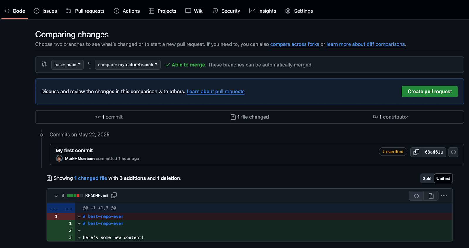 메인 브랜치와 myfeaturebranch 간의 변경 사항 차이를 보여 주는 GitHub의 스크린샷.