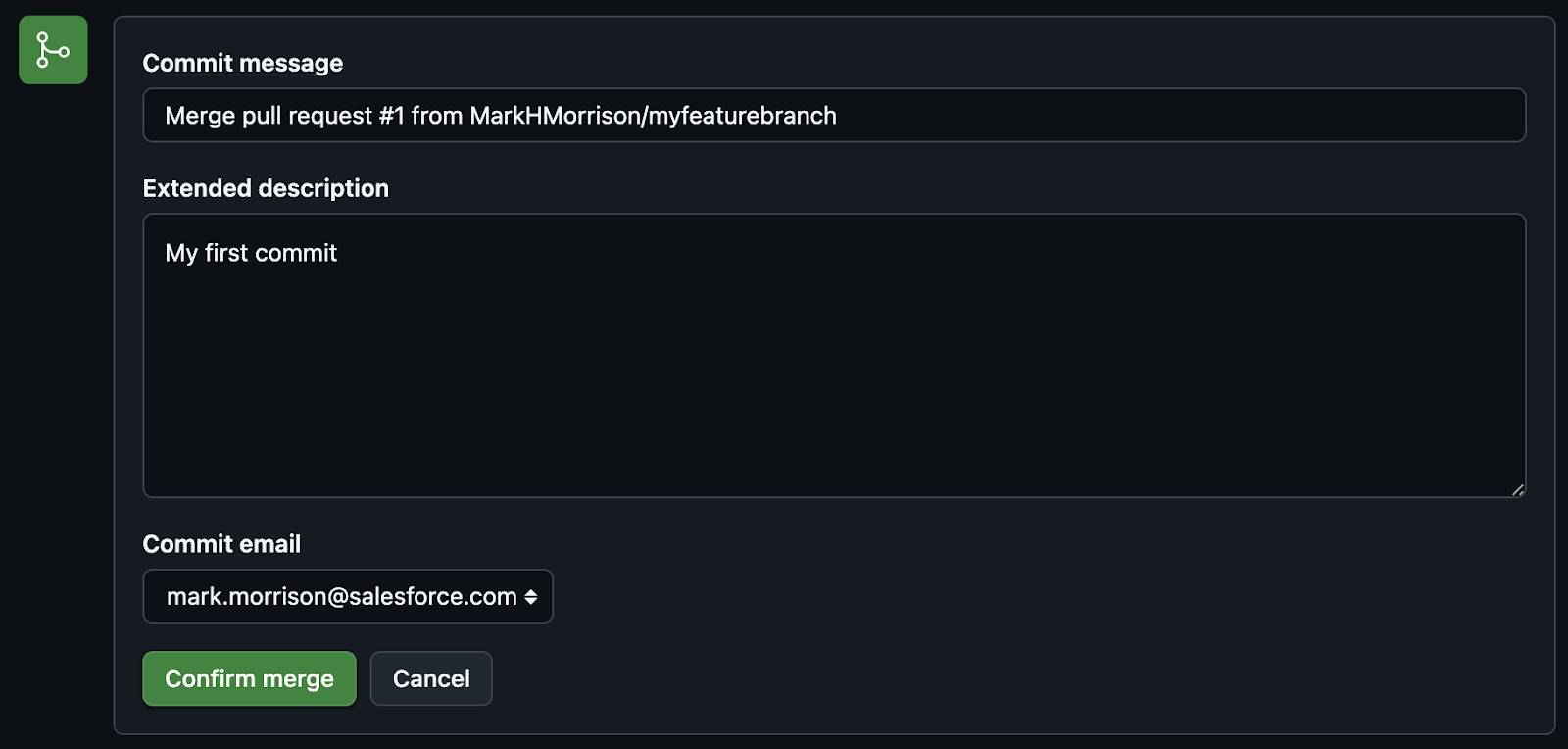 Commit message(커밋 메시지), Extended description(상세 설명), Commit email(커밋 이메일), Confirm merge(병합 확인) 버튼이 있는 Merge(병합) 창