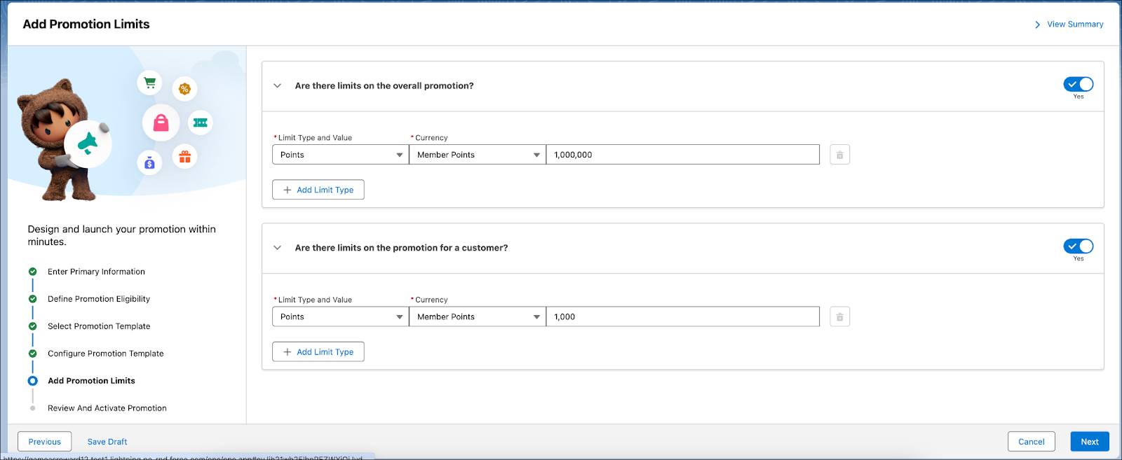 The third step of the wizard, where you define the promotion limits.