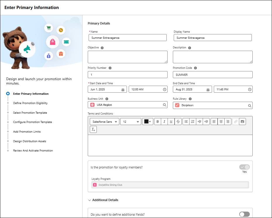 クイックプロモーションウィザードの [Enter Primary Information (プライマリ情報を入力)] ステップ。
