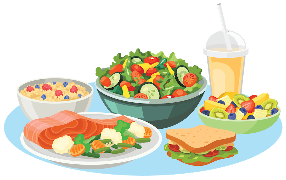 A plate with balanced portions of fruits, vegetables, grains, and protein sources.