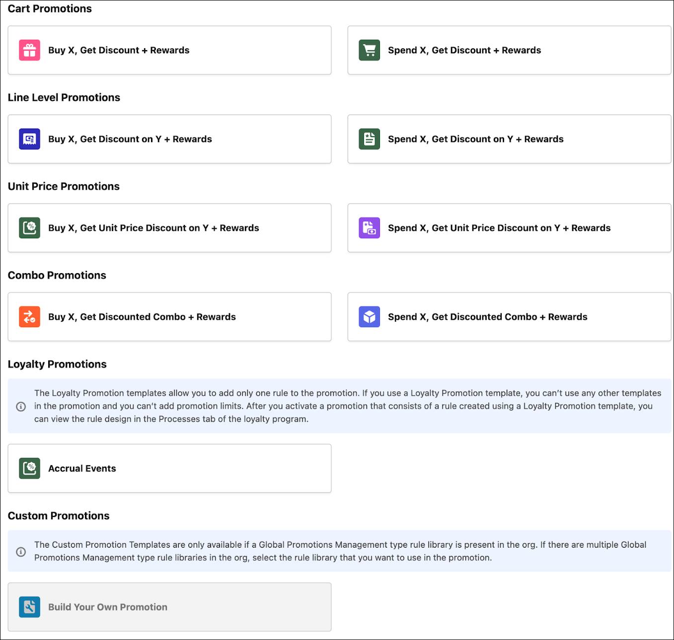 The different promotion templates in Global Promotions Management.