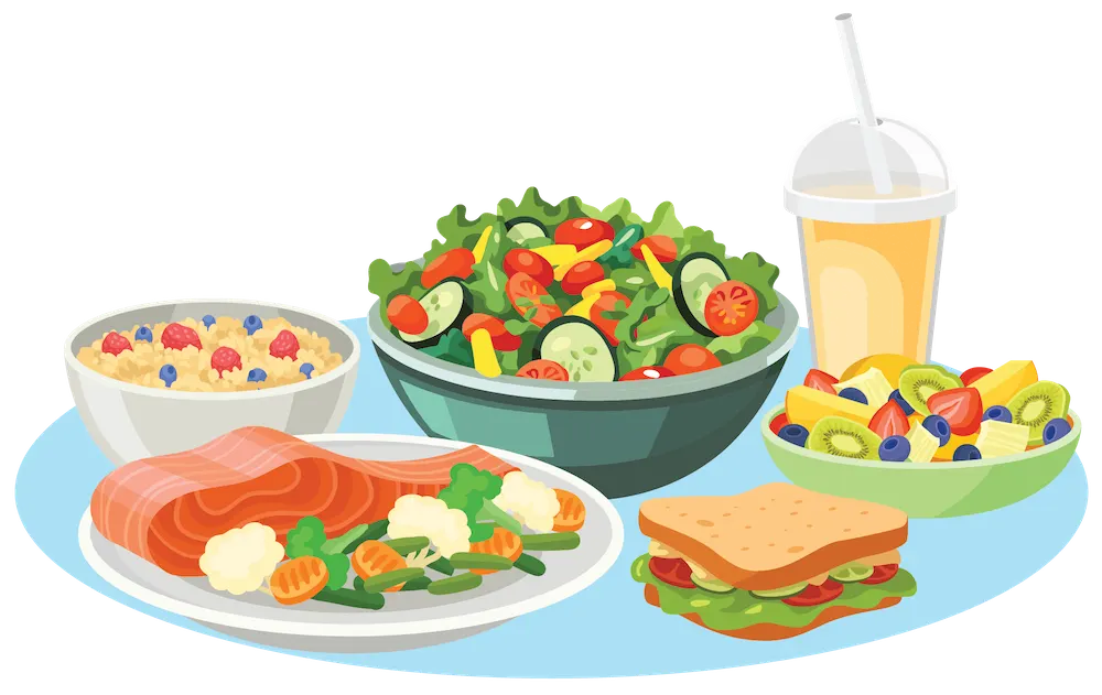 A plate with balanced portions of fruits, vegetables, grains, and protein sources.