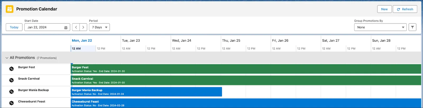 View of the promotion calendar with the events populated.