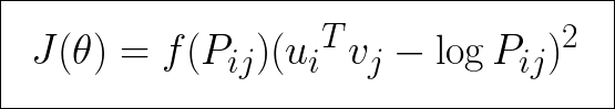 The function J of theta equals the function f of P sub i j endsub times pren the dot product u sub i transpose and v sub j minus the log of P sub i j endsub p'ren squared.