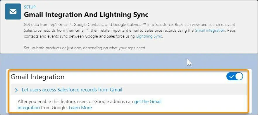 Settings to enable the Gmail Integration