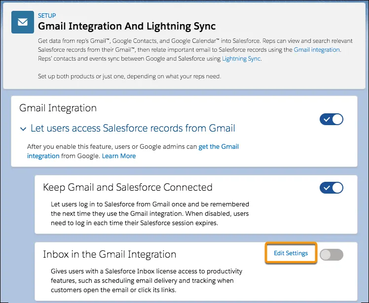 The Gmail Integration page in Setup with the option to turn on Inbox features circled.