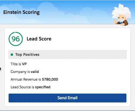 Einstein lead score card indicating a positive score of 96.