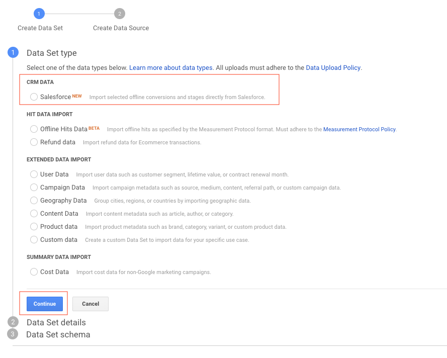 The Create Data Set screen with CRM Data section and the Continue button highlighted by a red box.