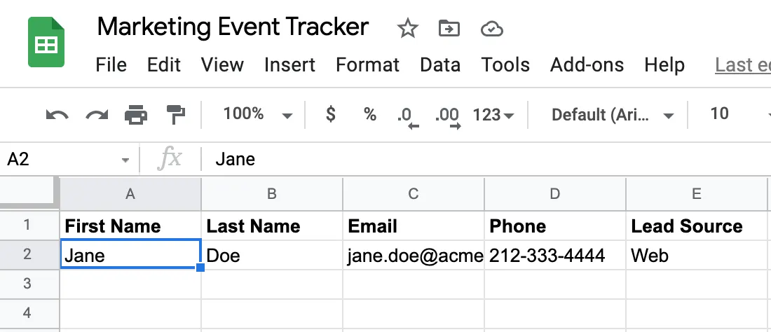 Marketing event tracker with one row of test data.