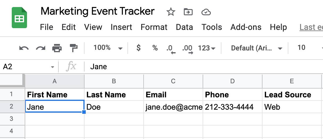 Marketing event tracker with one row of test data.