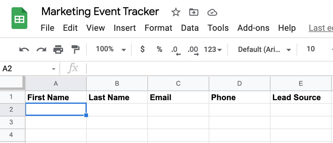 Marketing event tracker spreadsheet with columns for First Name, Last Name, Email, Phone, and Lead Source.