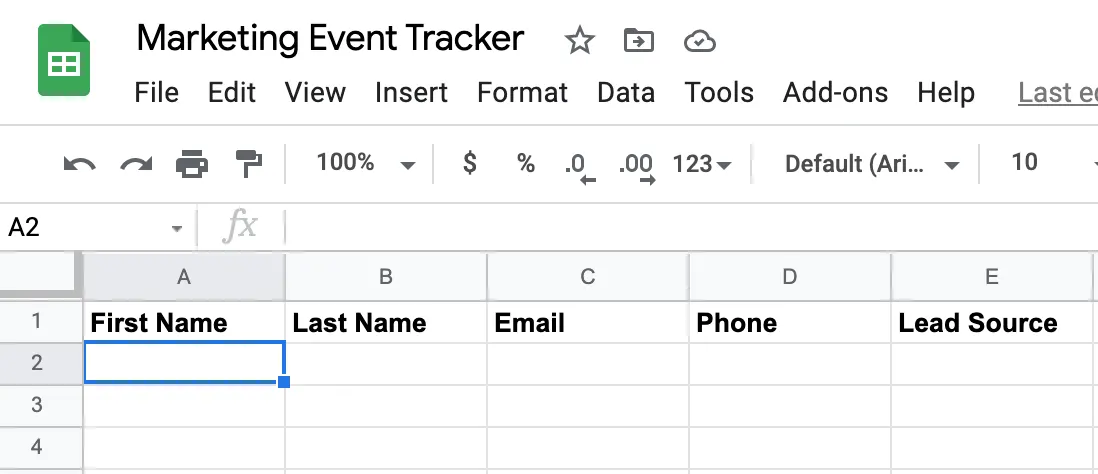 Marketing event tracker spreadsheet with columns for First Name, Last Name, Email, Phone, and Lead Source.