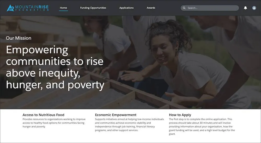 La page d’accueil du site Web de la fondation Mountain Rise Foundation.