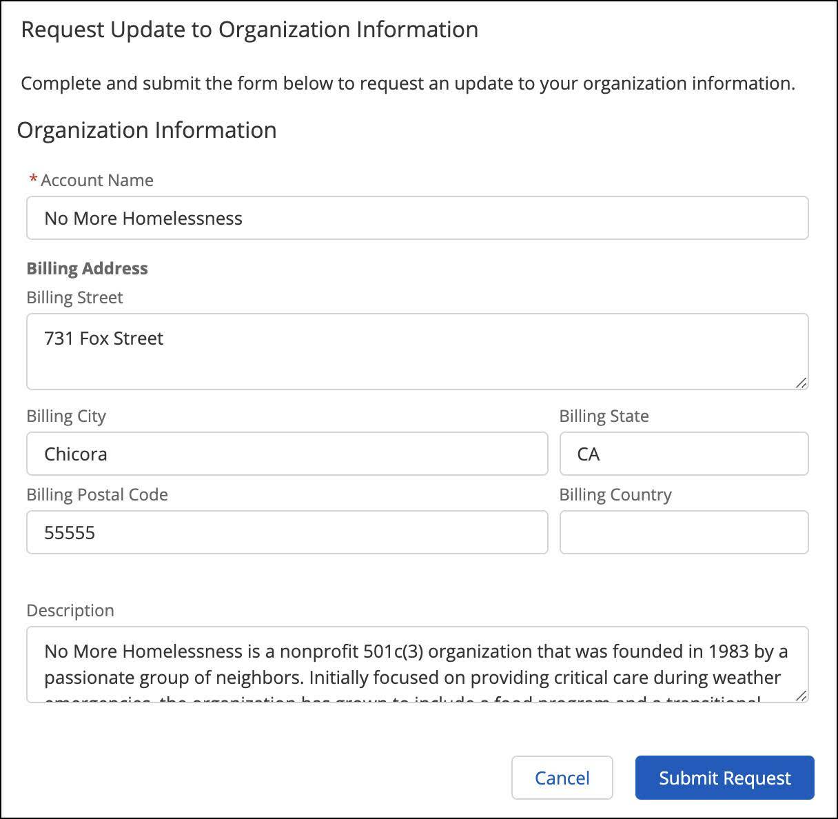 The Request Update to Organization Information form