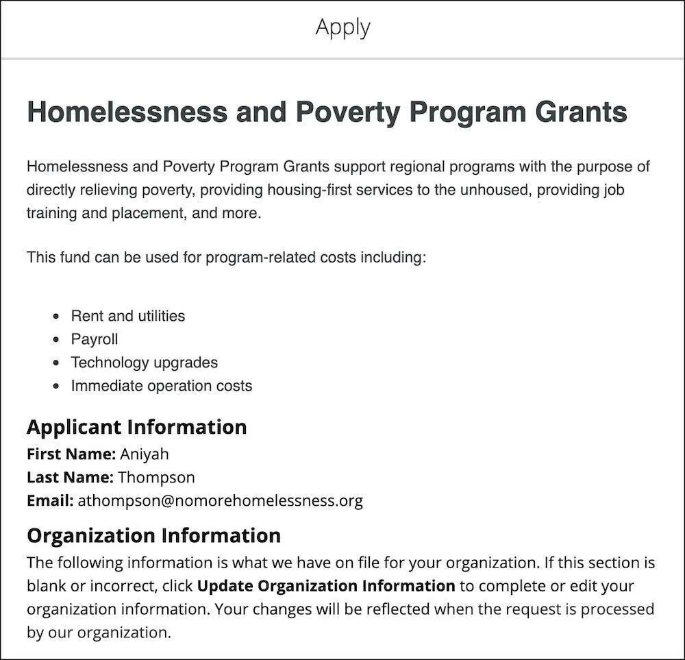 The application form modal for the Homelessness and Poverty Program Grants including a program description and Applicant and Organization Information