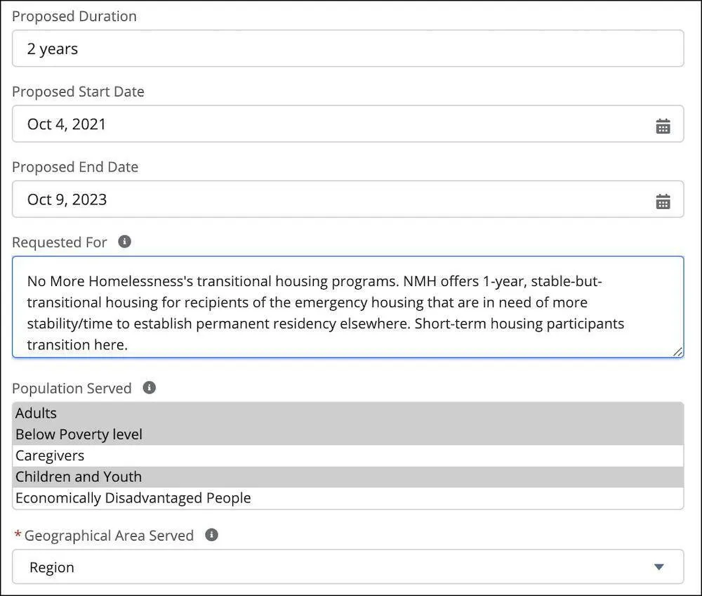 The application form modal for the Homelessness and Poverty Program Grants including different field types