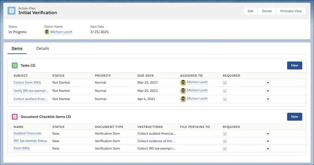 The Action Plan object with Tasks and Document Checklist Items populated