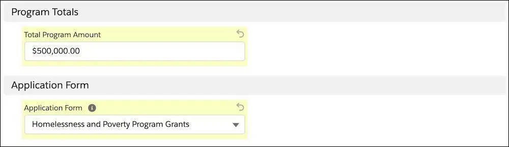 The New Funding Program interface with the Total Program Amount and Application Form fields