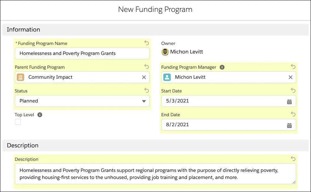 The New Funding Program interface with basic information and the Description field