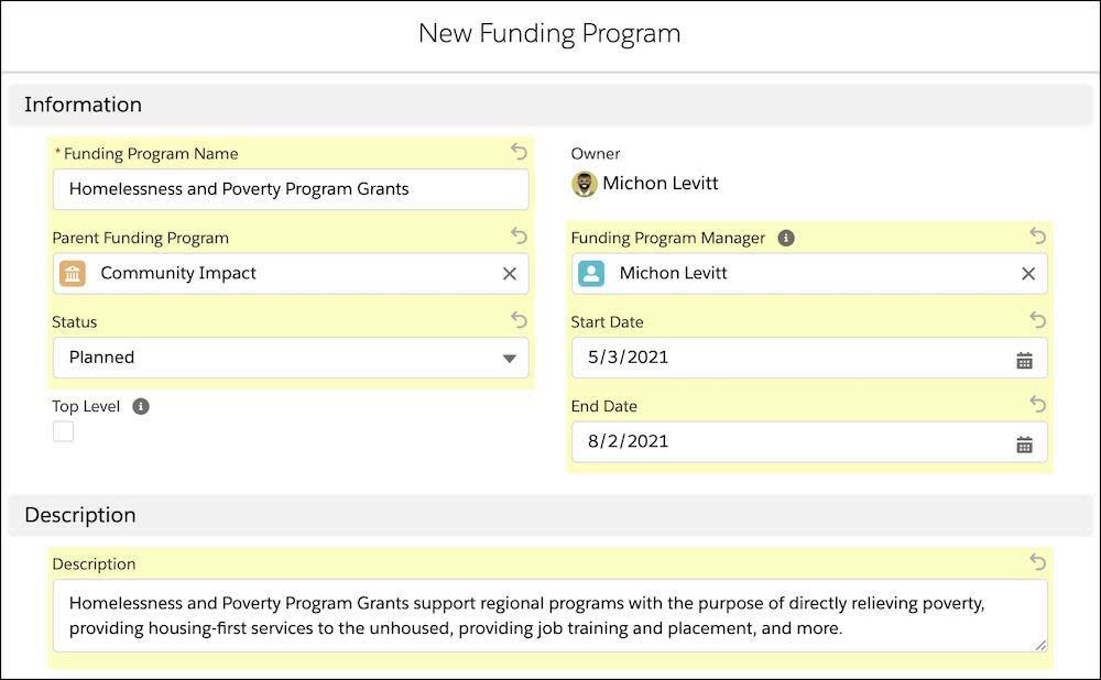 The New Funding Program interface with basic information and the Description field