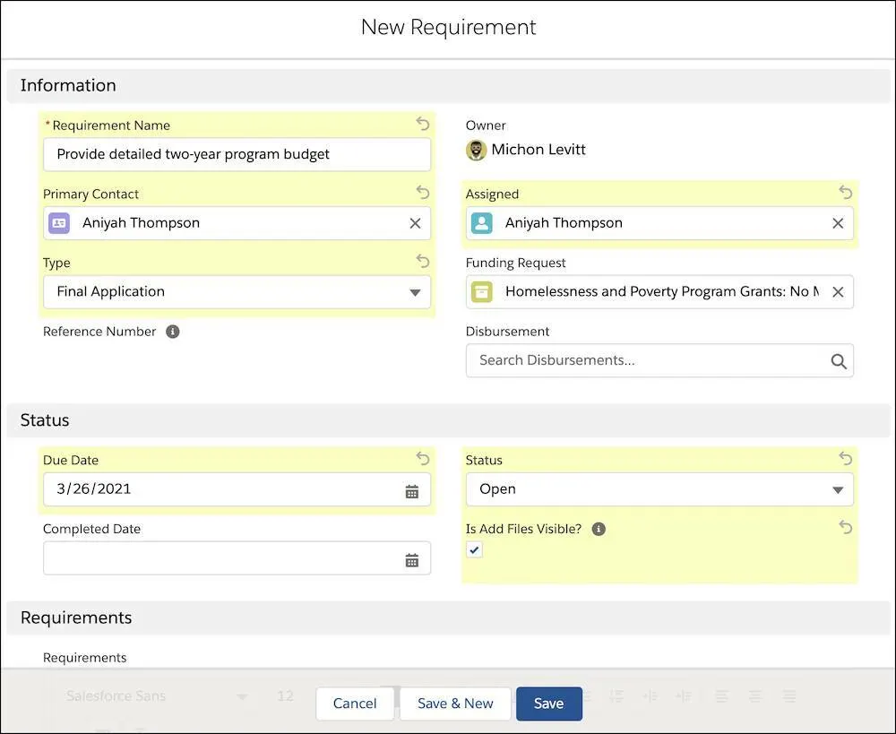 The New Requirement interface with Michon’s details filled in