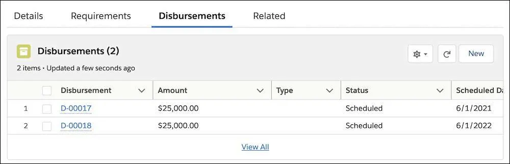 The Disbursements tab with two Disbursements populated