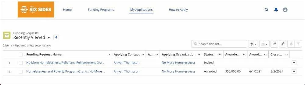 The My Applications page listing two Funding Requests, one in Invited status and one in Awarded status