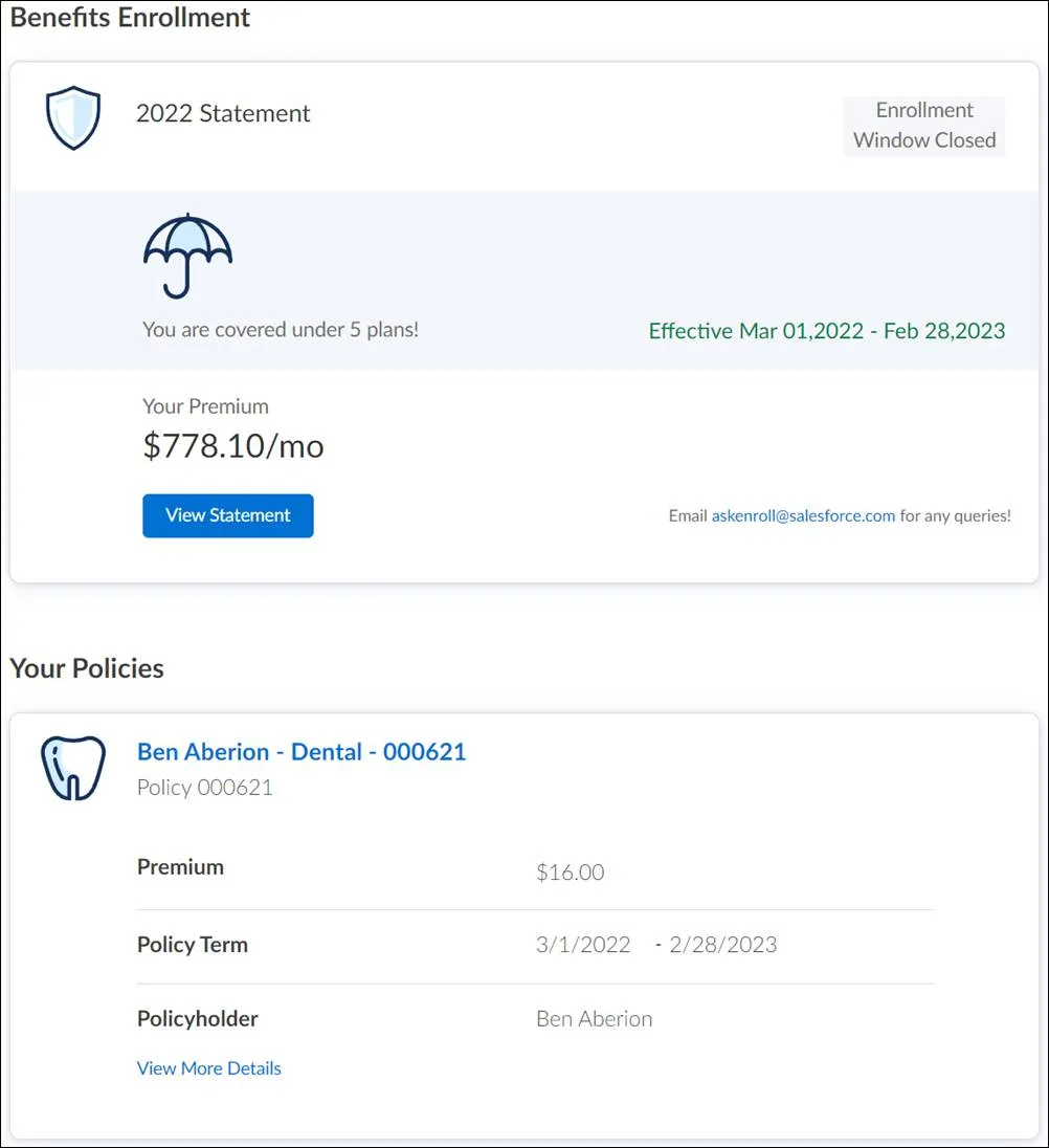 Summary in employee portal with premium and policy information