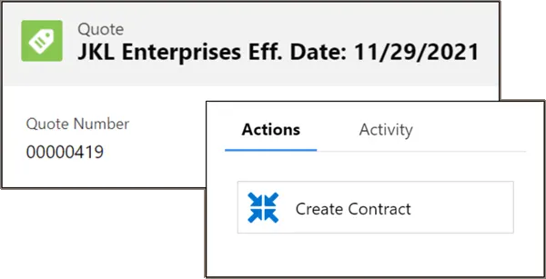  Sample of small part of a contract record in Salesforce, showing Create Contract action button