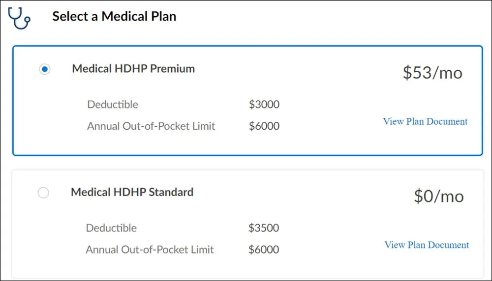 A sample view of a member portal shows two plans to choose from.