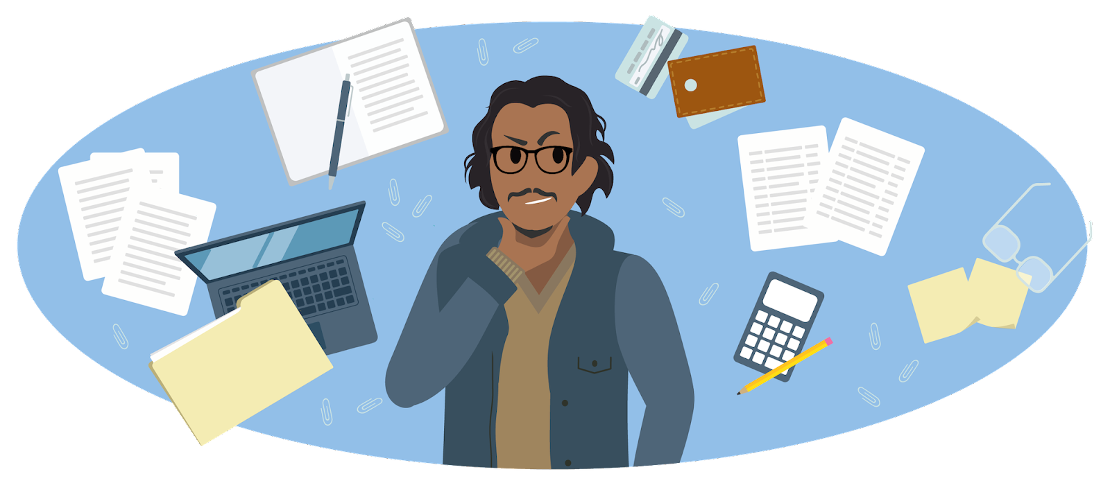 ラップトップ、フォルダー、クレジットカード、付箋、大量の紙に囲まれながら考えこんでいる Justus。