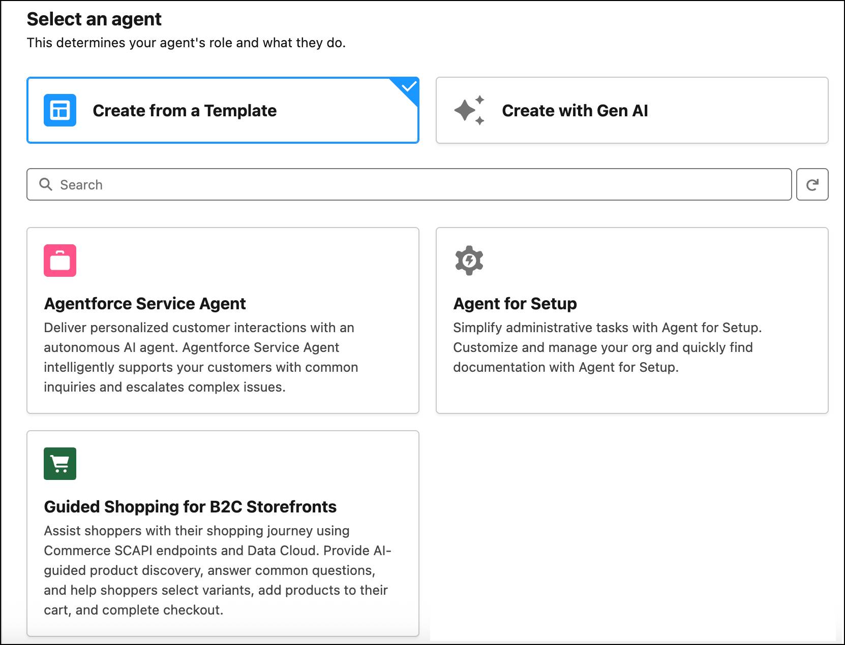 Agentforce Builder template selections with the Guided Shopping for B2C Storefronts template selected.