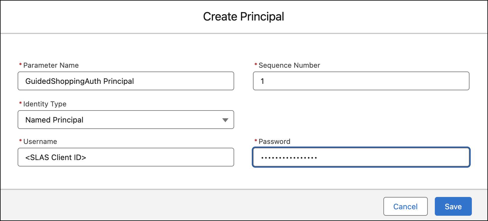 The Create Principal window with the Parameter Name, Sequence Number and Identity Type listed.